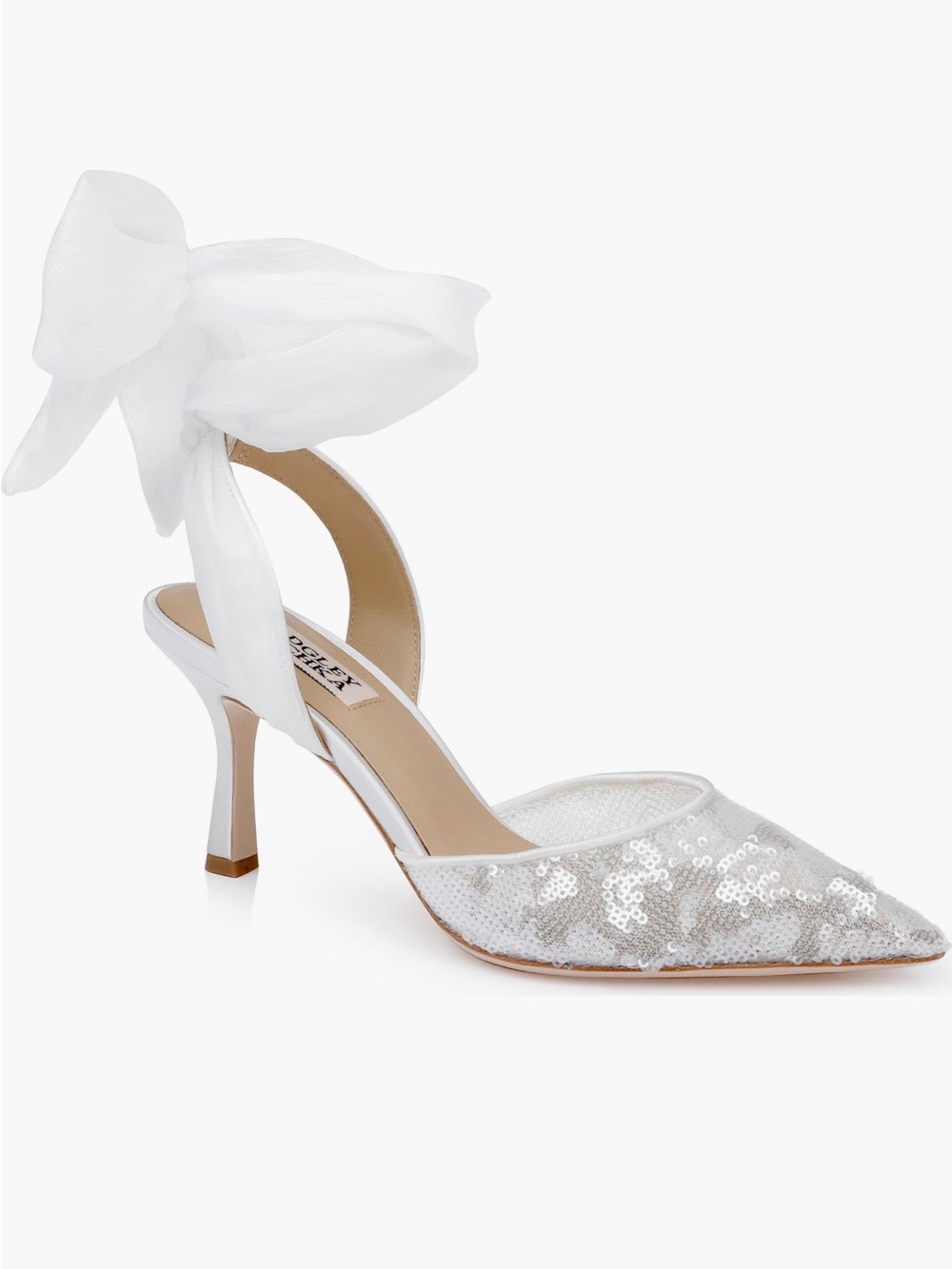 Badgley Mischka White Sequin Pointed-Toe Ankle-Tie Pump with Bow